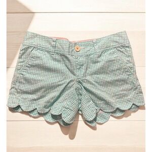 Lilly Pulitzer Buttercup Shorts‎ Women's 2 Aqua Pink Gingham Scallop Hem Cotton